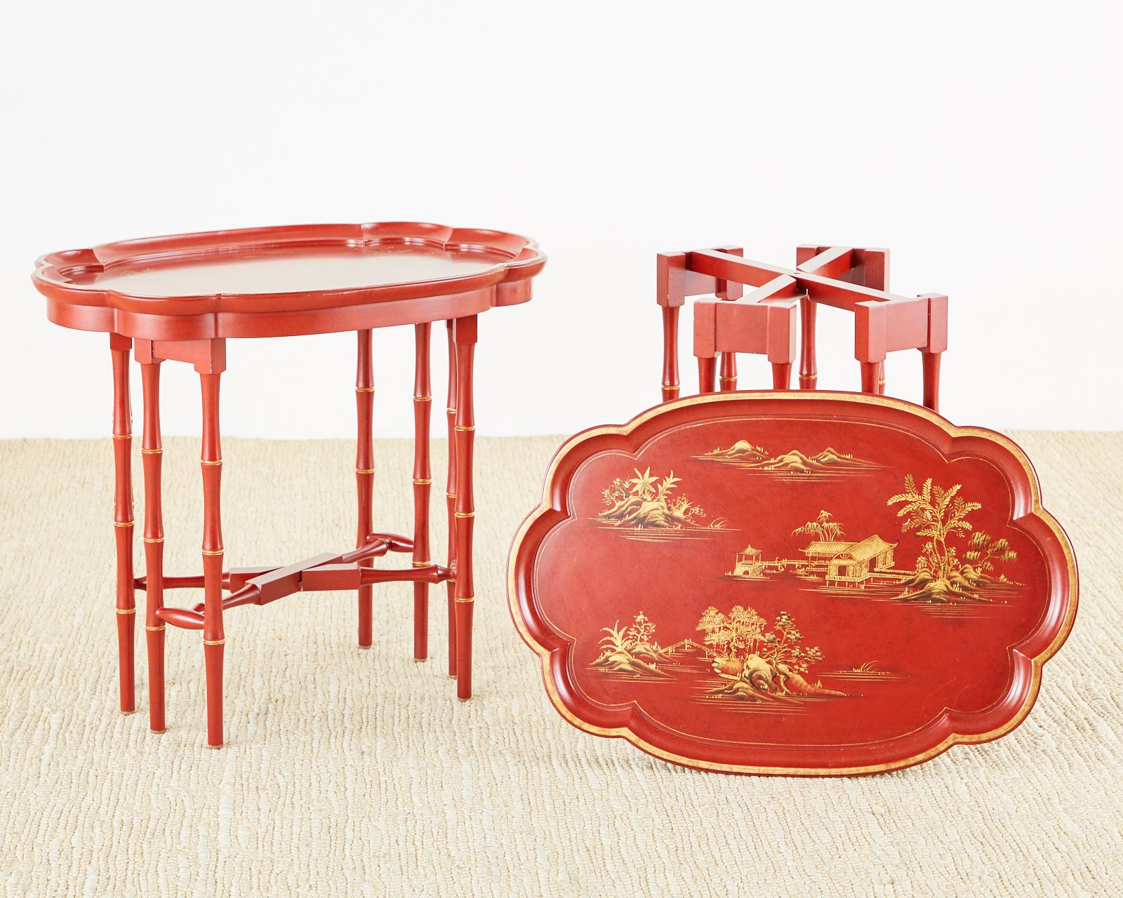 20th Century Pair of English Chinoiserie Style Faux Bamboo Tray Tables
