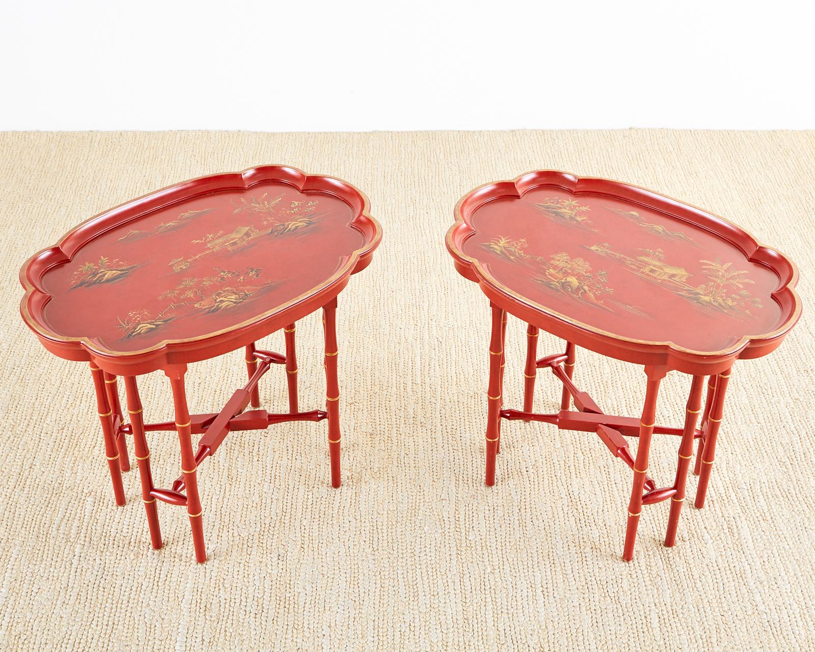 Pair of English Chinoiserie Style Faux Bamboo Tray Tables 1