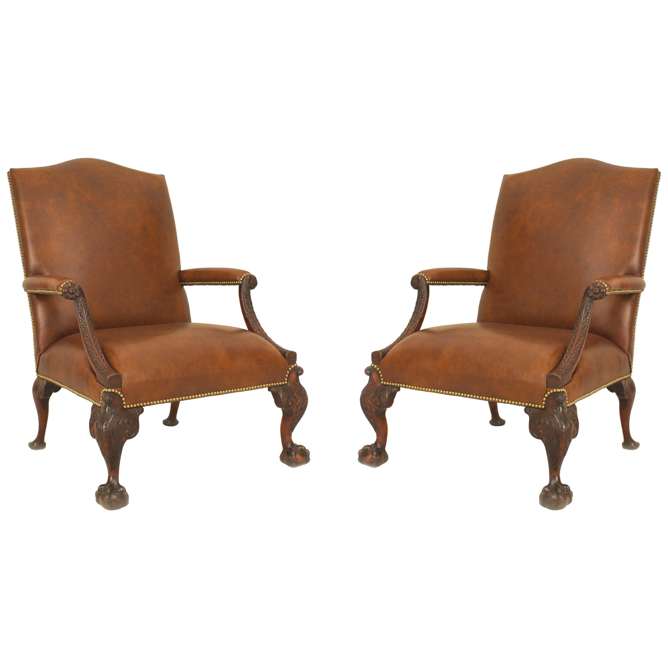 Pair of English Chippendale '18th Century' Large Gainsborough Library Chairs