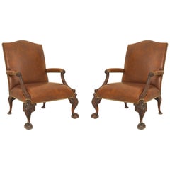 Antique Pair of English Chippendale '18th Century' Large Gainsborough Library Chairs