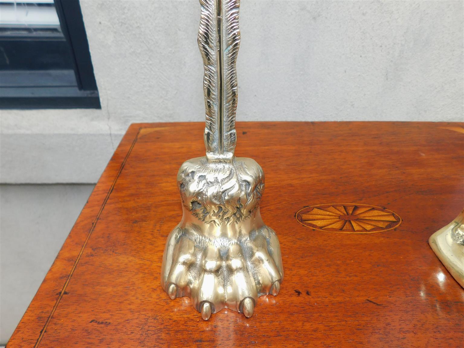 Pair of English Chippendale Brass Lion Paw Doorstops with Oval Handles, C. 1780 For Sale 1