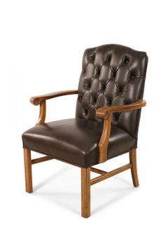 Pair of English Chippendale Style Button Tufted Brown Leather and Oak Armchairs