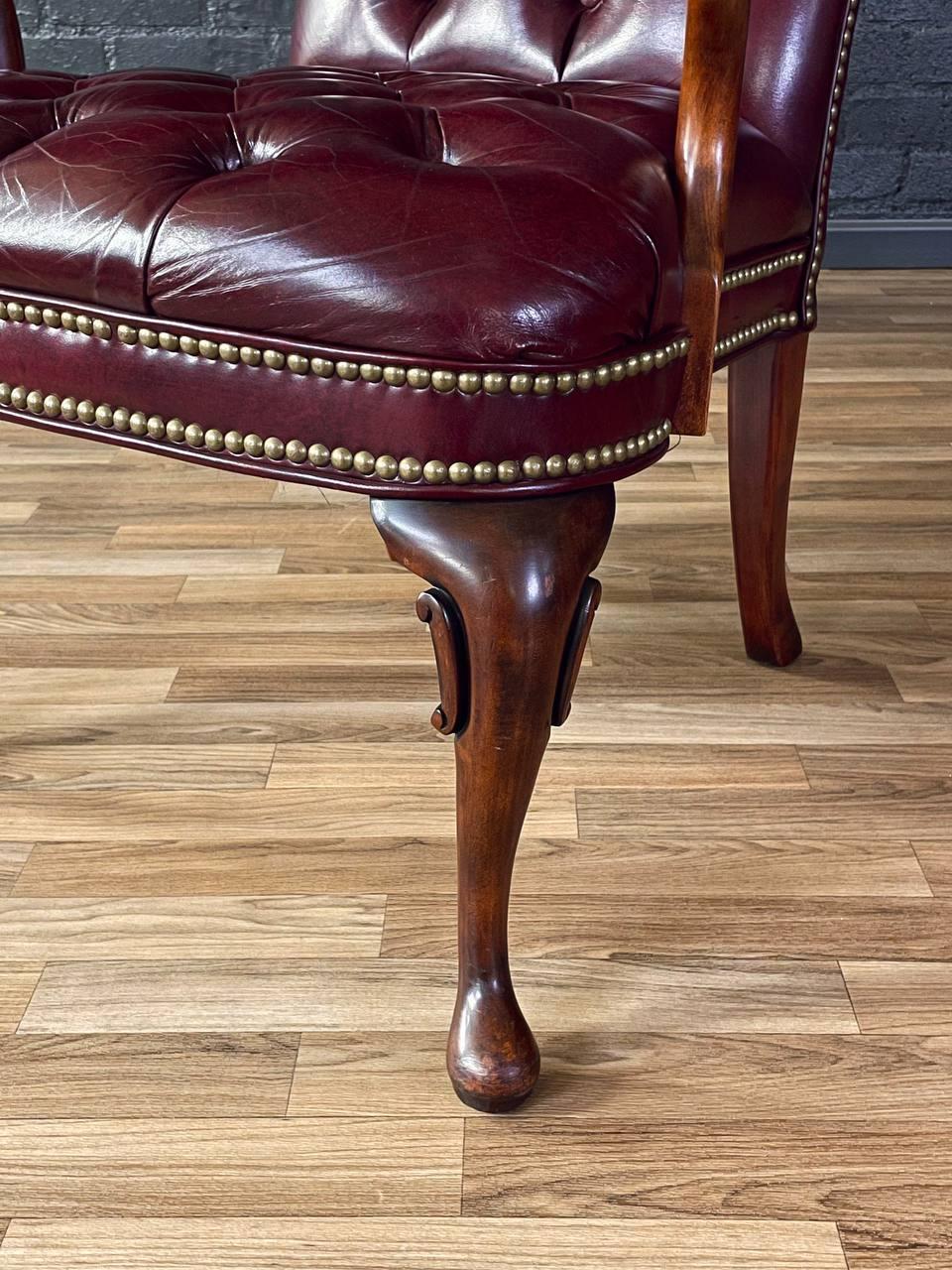 Pair of English Chippendale Style Button Tufted Leather Arm Chairs 4