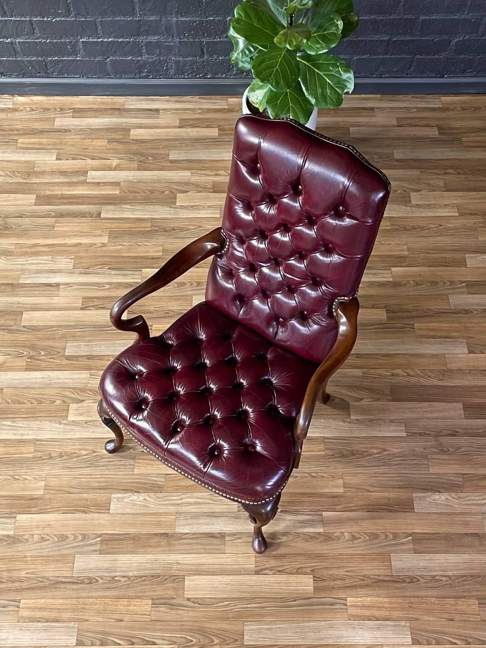 Pair of English Chippendale Style Button Tufted Leather Arm Chairs 2