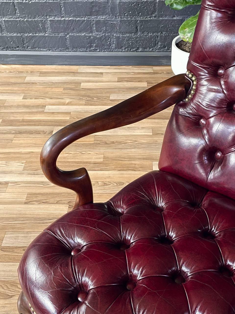 Pair of English Chippendale Style Button Tufted Leather Arm Chairs 3