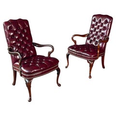 Pair of English Chippendale Style Button Tufted Leather Arm Chairs