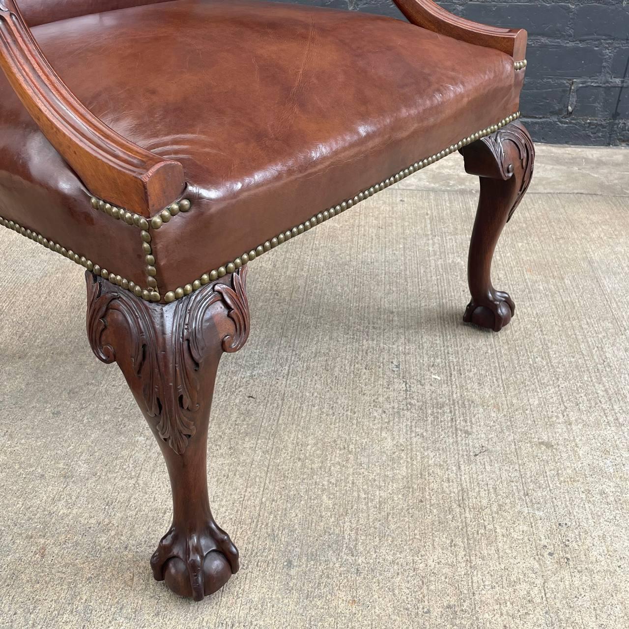 Pair of English Chippendale-Style Gainsborough Leather Arm Chairs For Sale 5