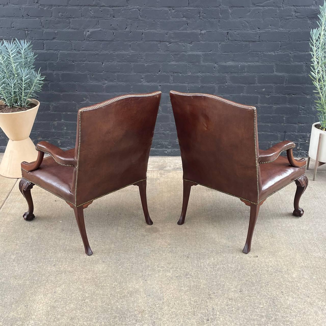 Mid-20th Century Pair of English Chippendale-Style Gainsborough Leather Arm Chairs For Sale