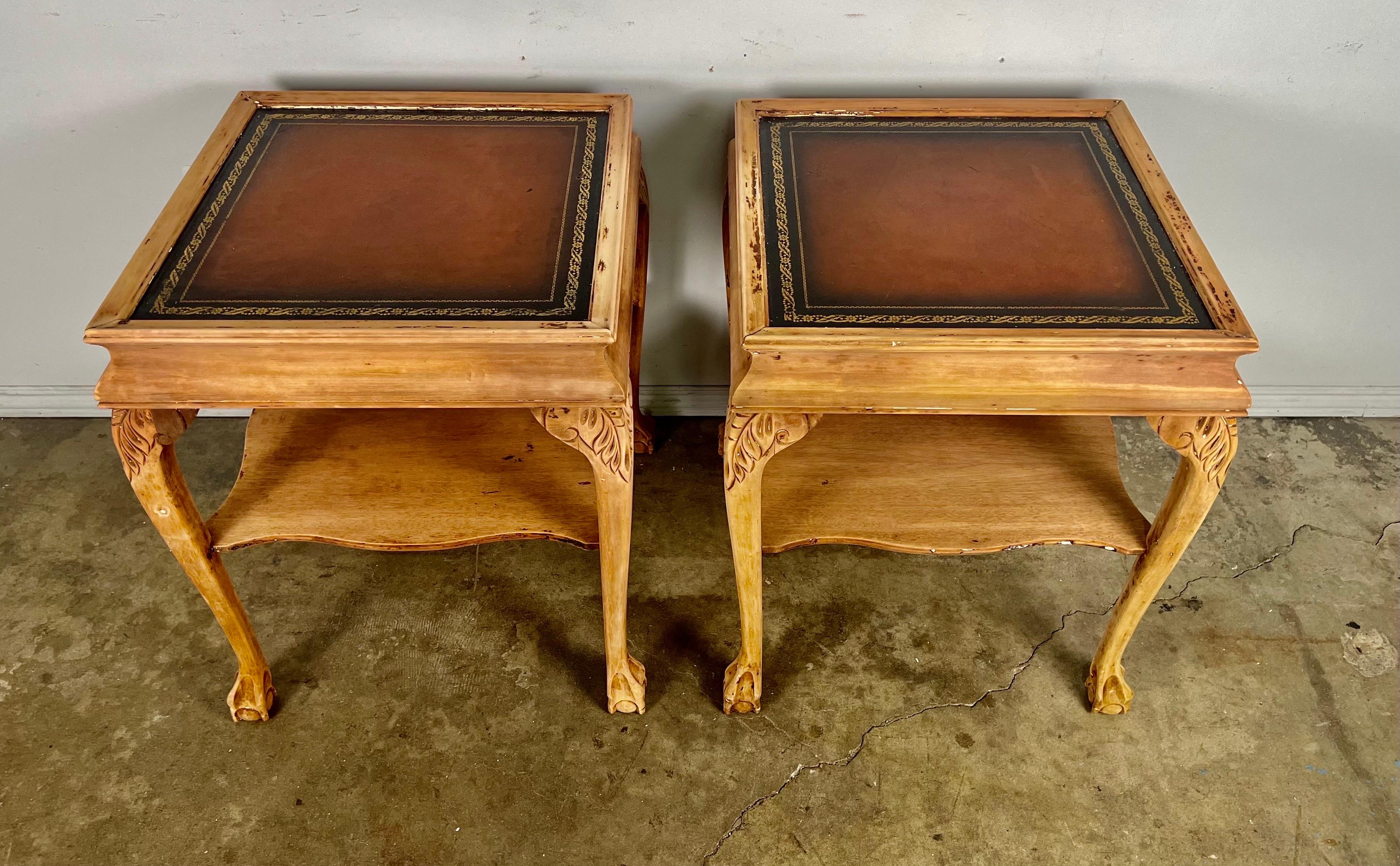 Embossed Pair of English Chippendale Style Leather Top Tables For Sale