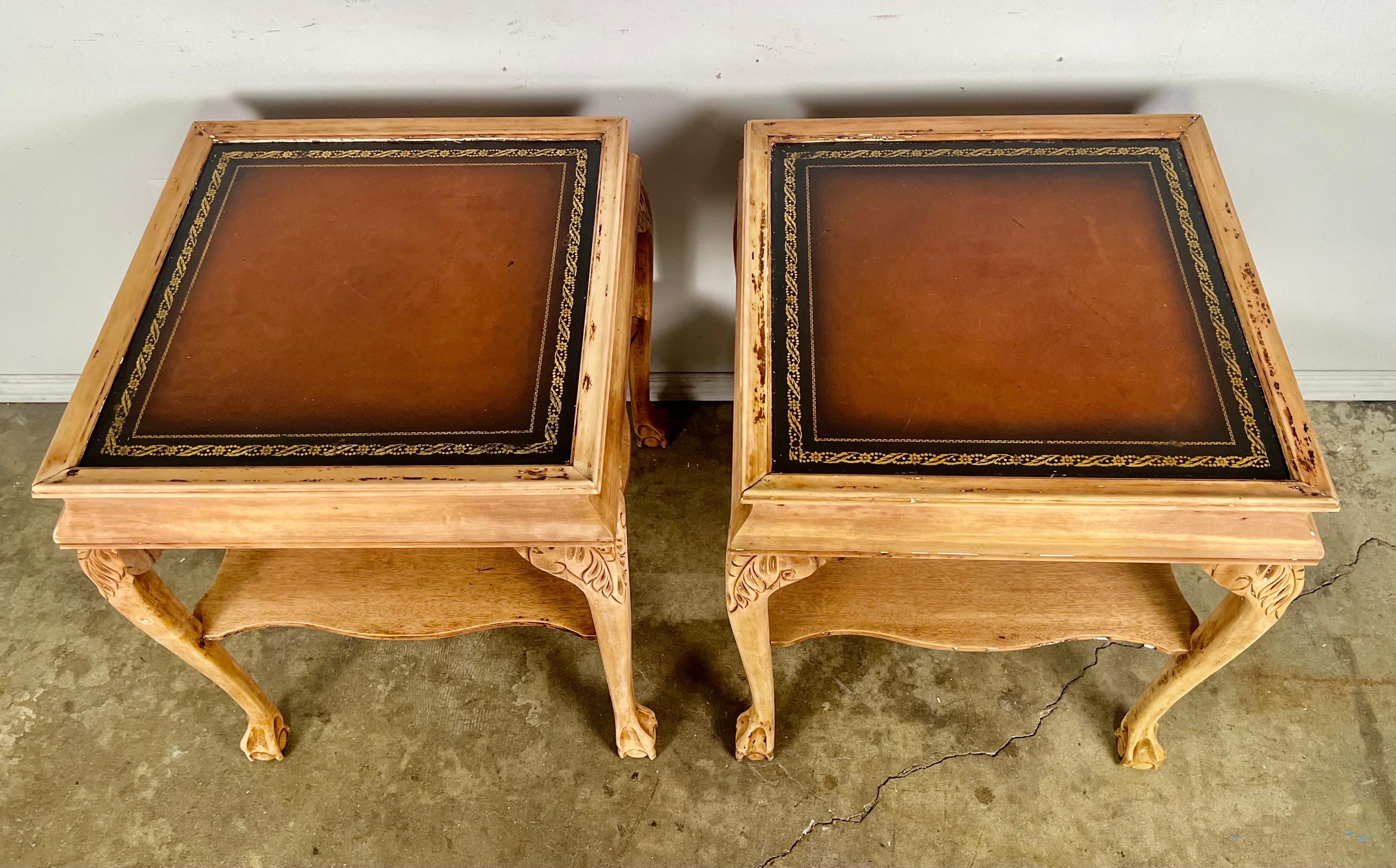 Pair of English Chippendale Style Leather Top Tables In Distressed Condition For Sale In Los Angeles, CA