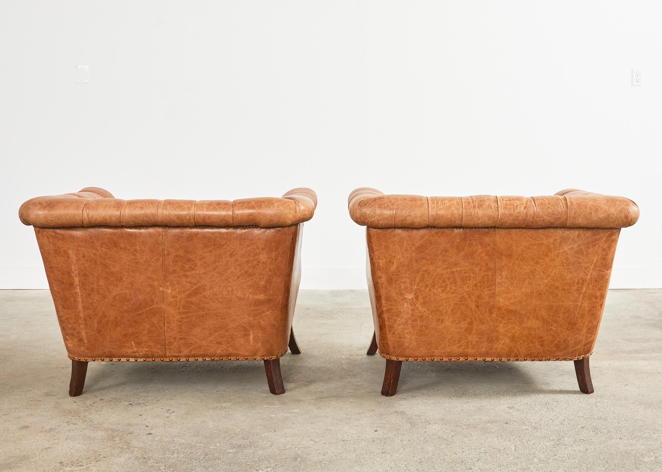 Pair of English Cigar Leather Channel Back Lounge Club Chairs 14