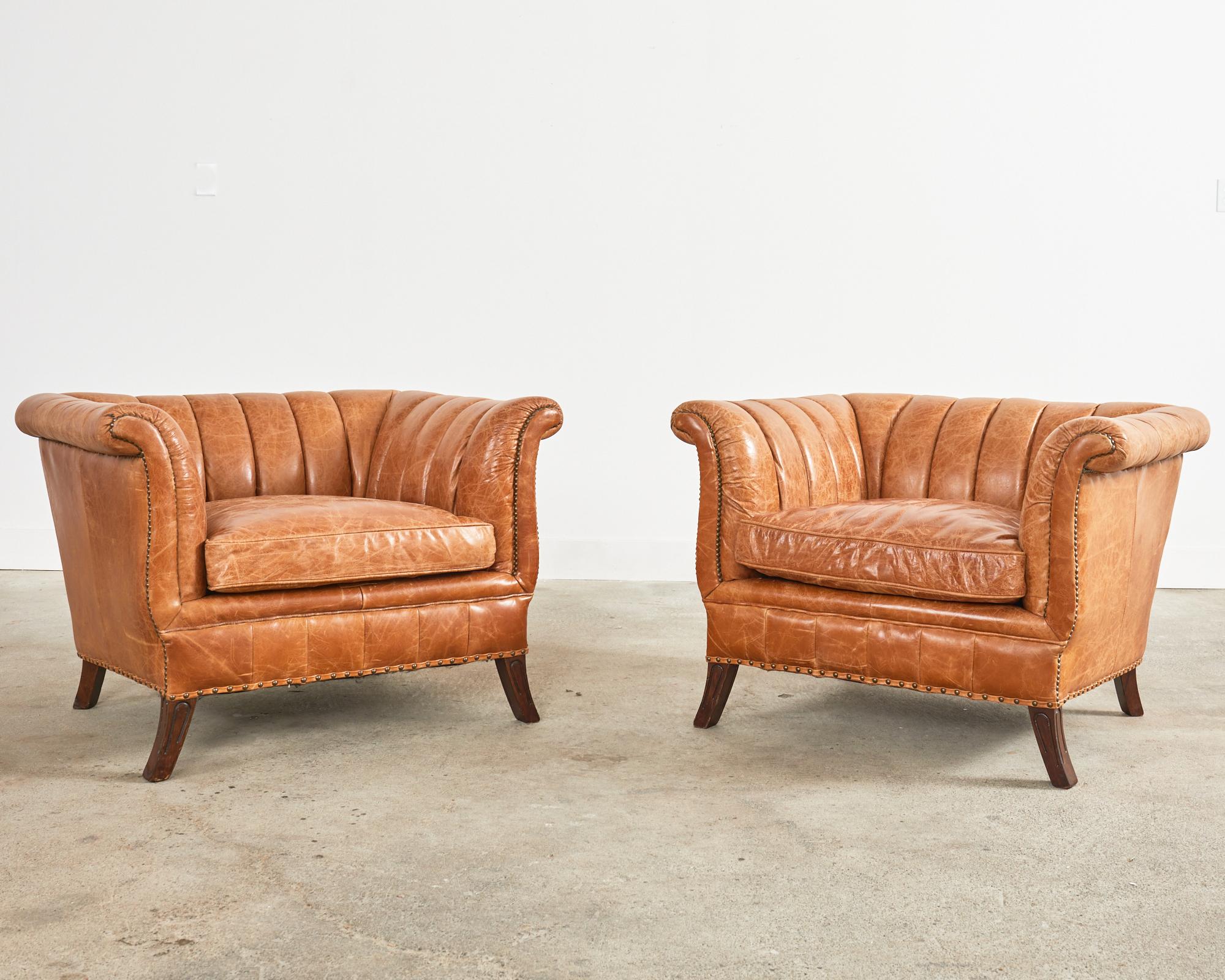 Chesterfield Pair of English Cigar Leather Channel Back Lounge Club Chairs