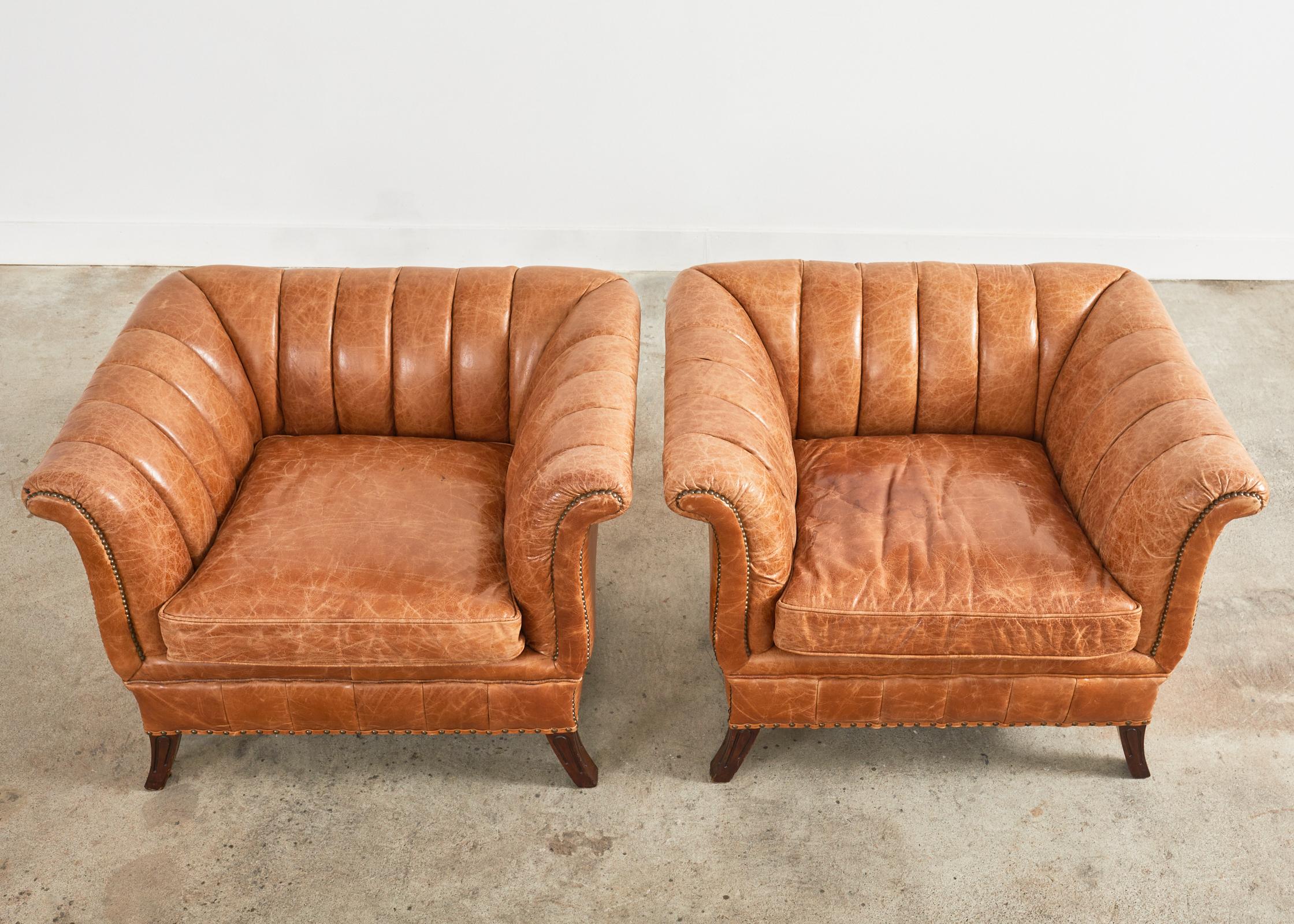 Pair of English Cigar Leather Channel Back Lounge Club Chairs In Distressed Condition In Rio Vista, CA