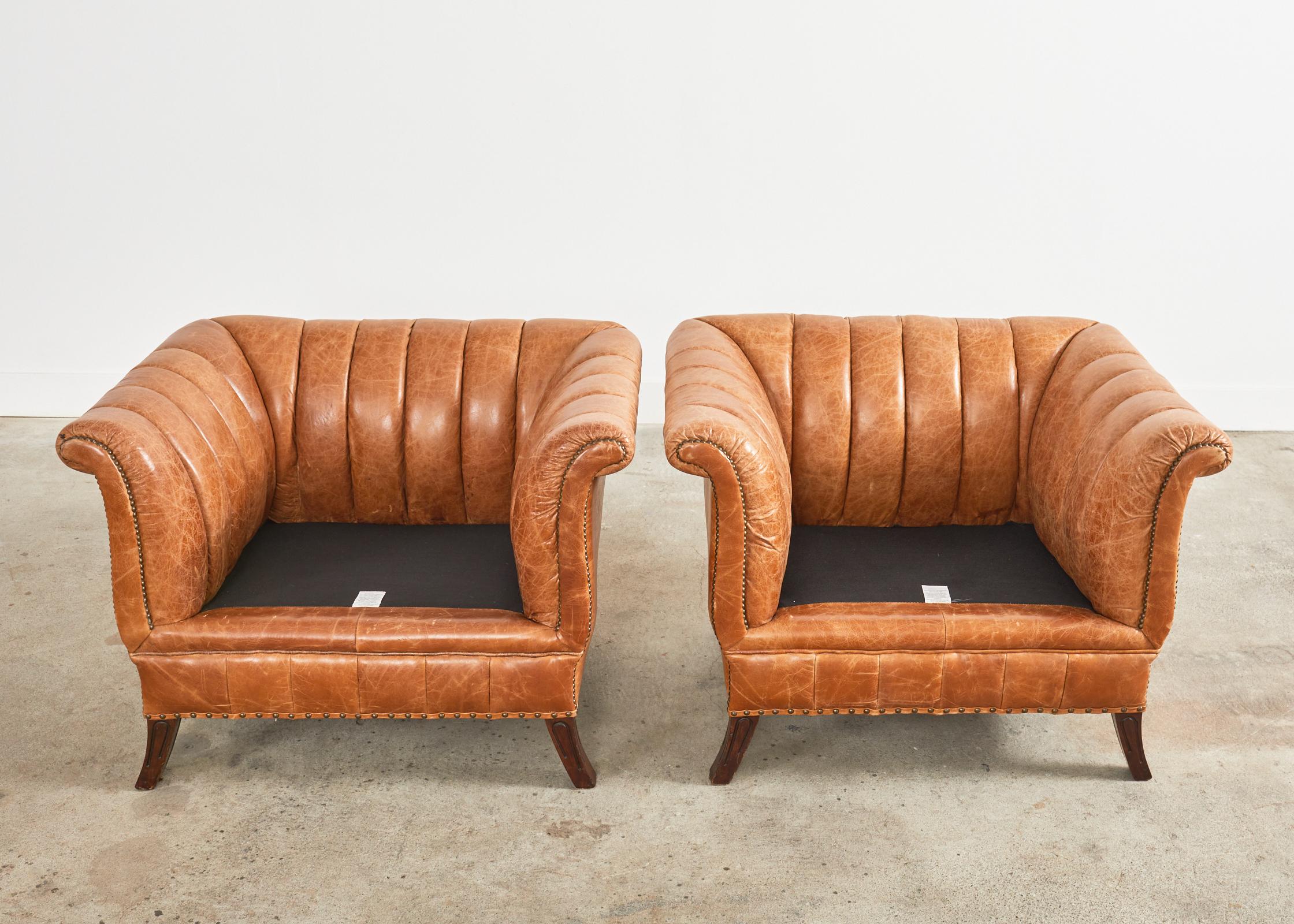 20th Century Pair of English Cigar Leather Channel Back Lounge Club Chairs