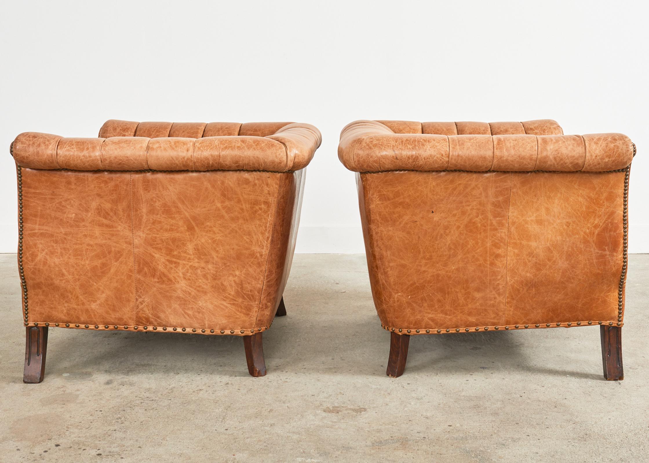 Pair of English Cigar Leather Channel Back Lounge Club Chairs 3