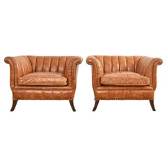 Pair of English Cigar Leather Channel Back Lounge Club Chairs