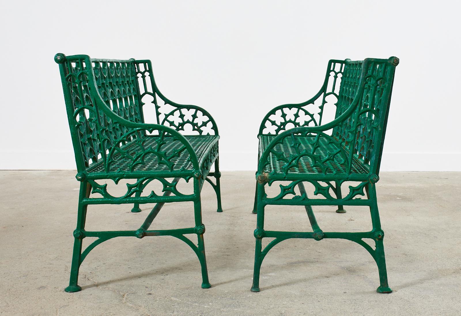 20th Century Pair of English Coalbrookdale Attributed Iron Gothic Garden Benches