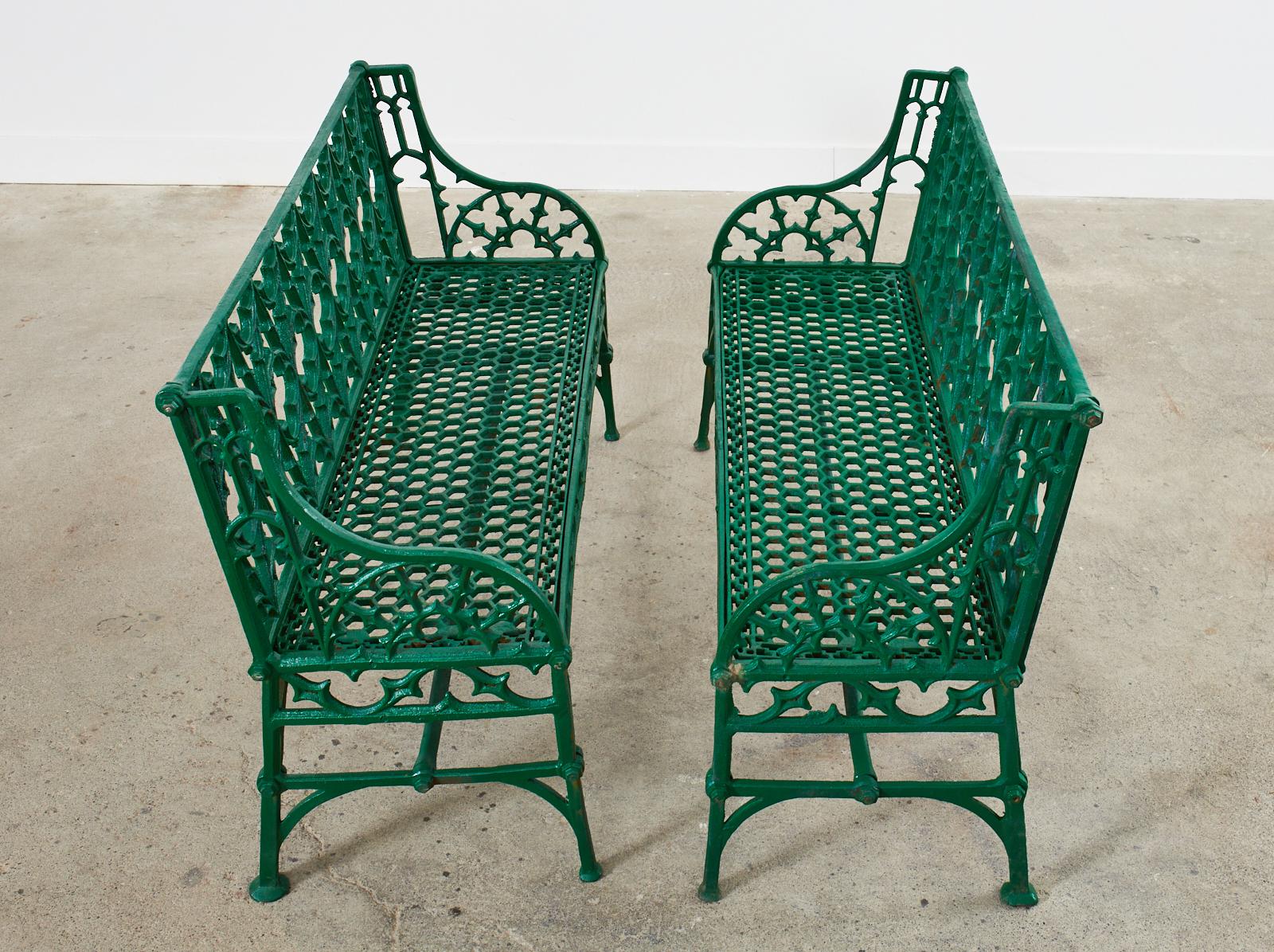 Pair of English Coalbrookdale Attributed Iron Gothic Garden Benches 2