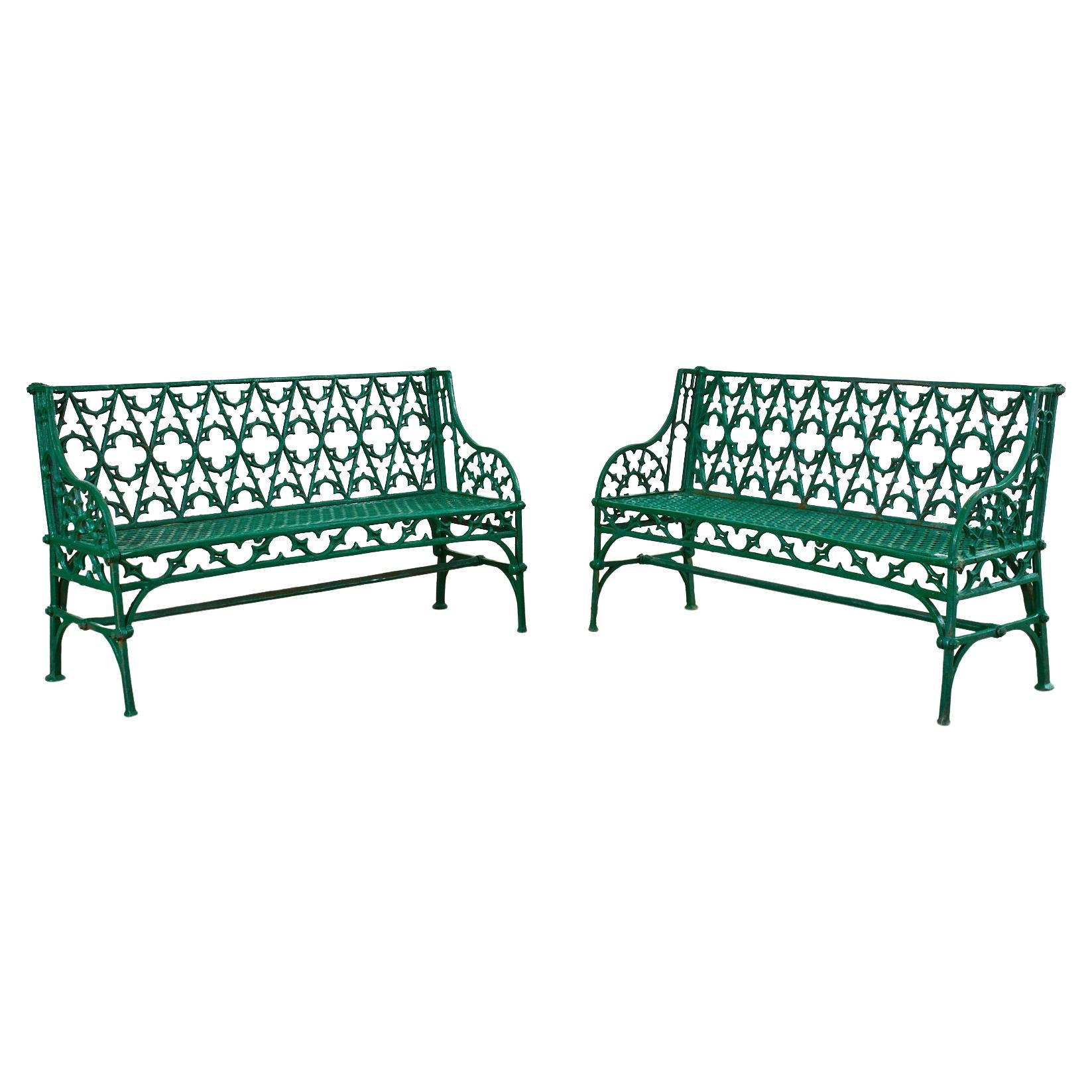 Pair of English Coalbrookdale Attributed Iron Gothic Garden Benches