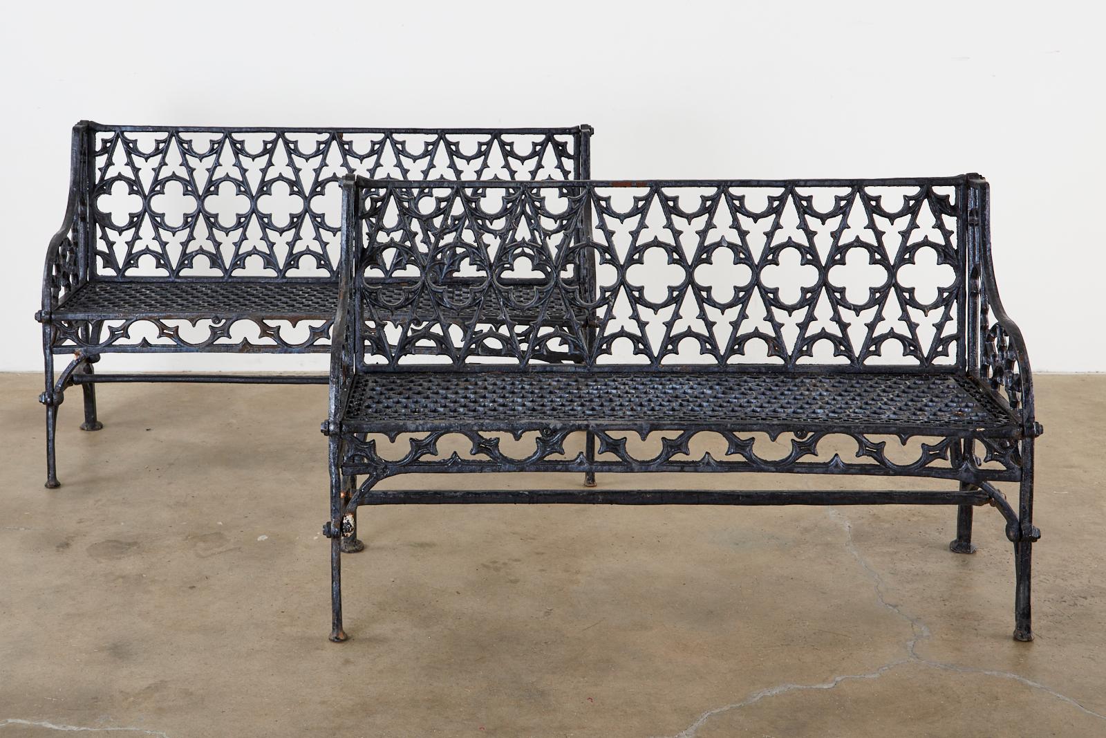 Cast Pair of English Coalbrookdale Attributed Iron Gothic Revival Garden Benches For Sale