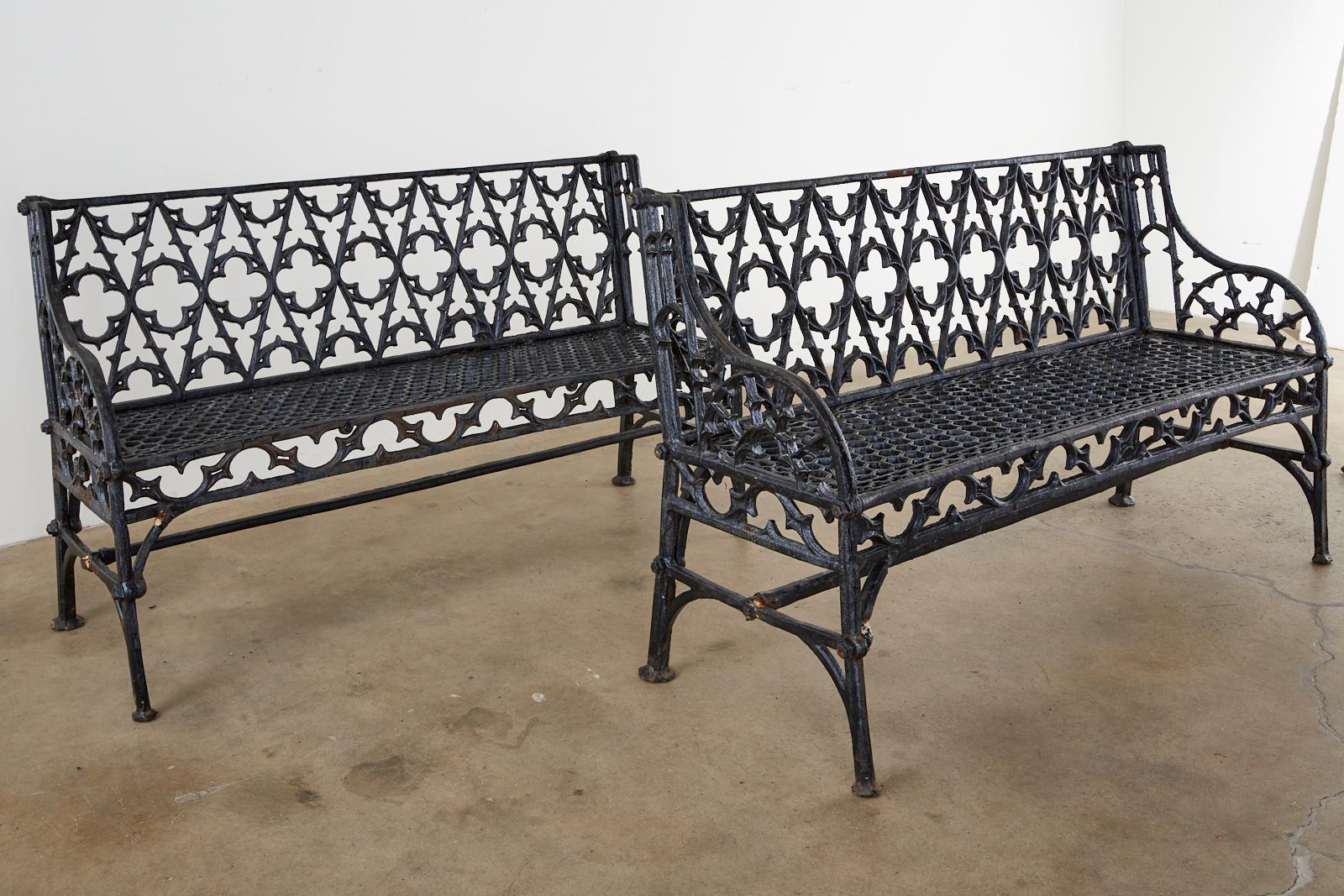 20th Century Pair of English Coalbrookdale Attributed Iron Gothic Revival Garden Benches For Sale