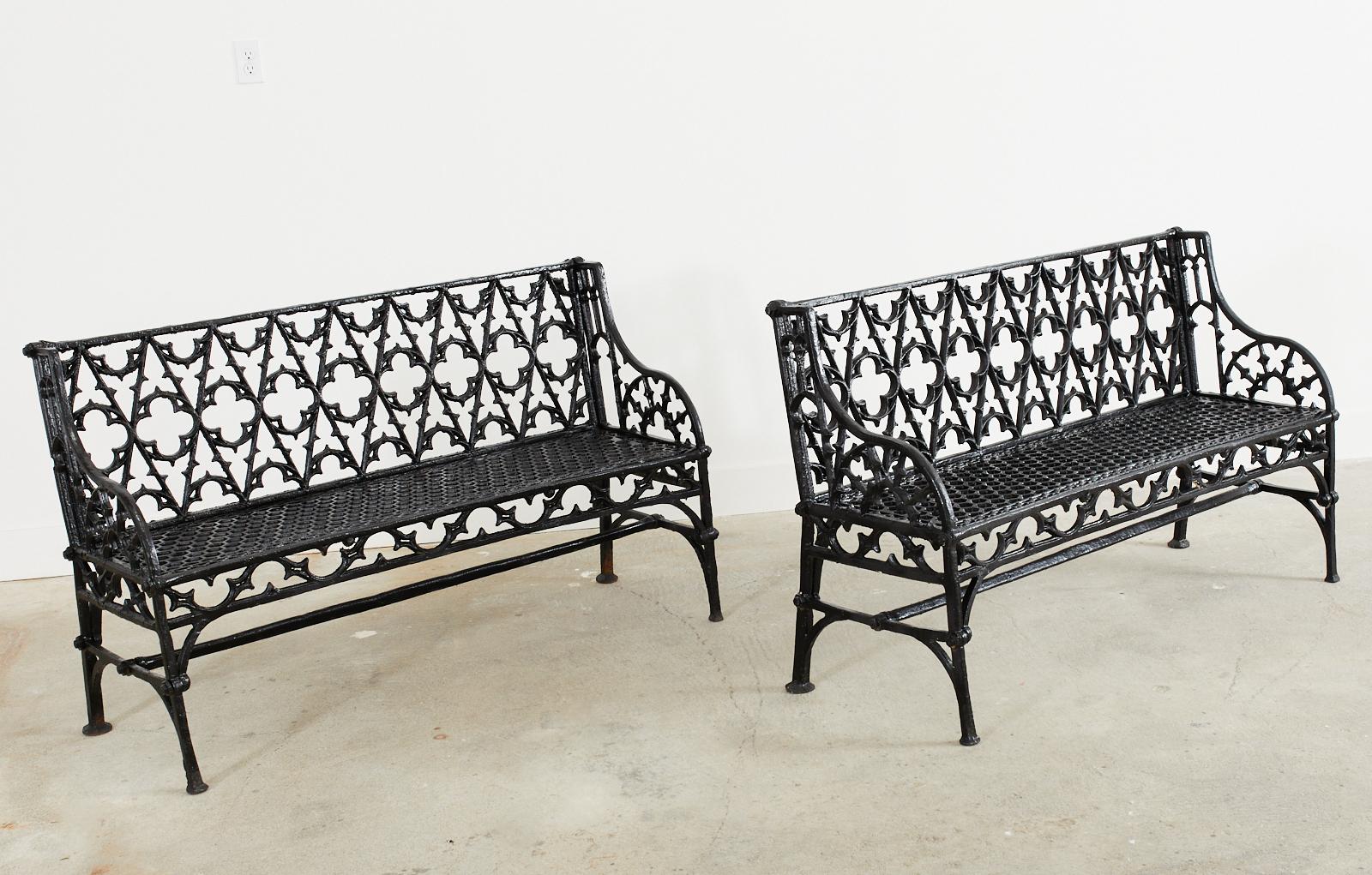 20th Century Pair of English Coalbrookdale Attributed Iron Gothic Revival Garden Benches
