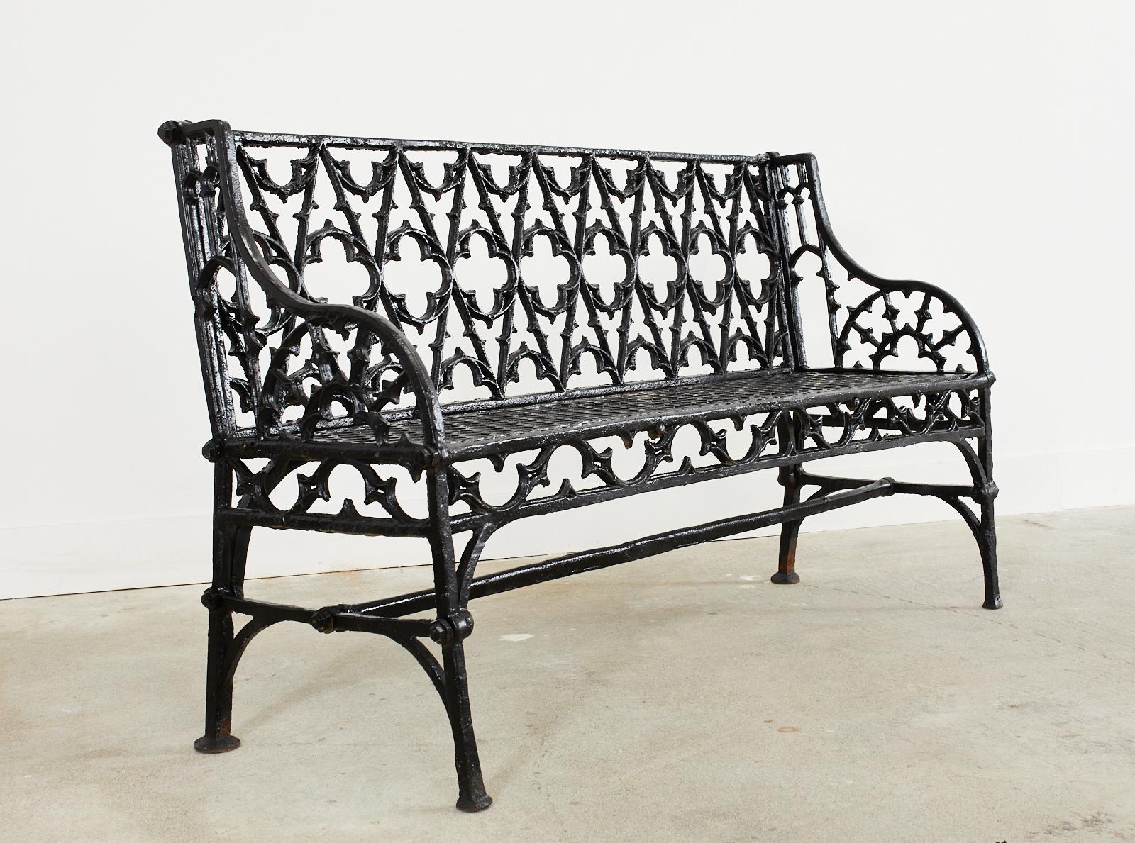Pair of English Coalbrookdale Attributed Iron Gothic Revival Garden Benches 1