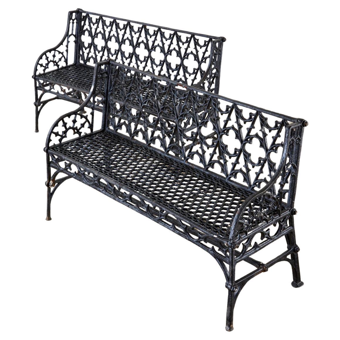 Pair of English Coalbrookdale Attributed Iron Gothic Revival Garden Benches For Sale