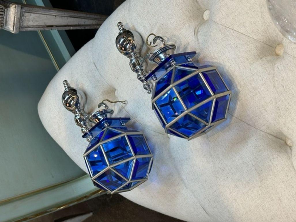 Pair of English Cobalt Glass Lanterns In Good Condition For Sale In Dallas, TX