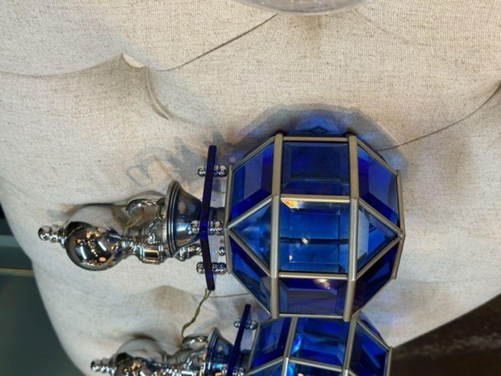 Mid-20th Century Pair of English Cobalt Glass Lanterns For Sale