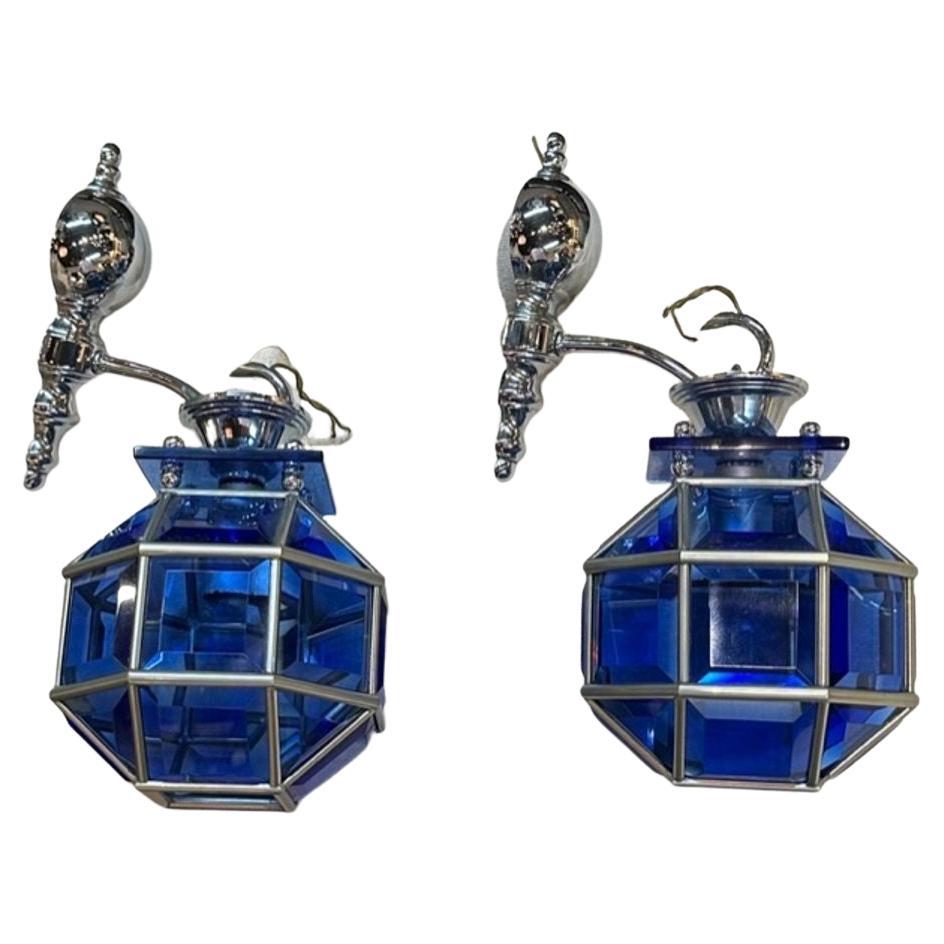 Pair of English Cobalt Glass Lanterns For Sale