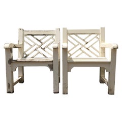 Pair of English Cockspen Garden Armchairs in Teak with Chippy White Paint