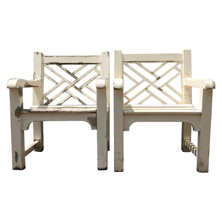 Pair of English Cockspen Garden Armchairs in Teak with Chippy White Paint For Sale