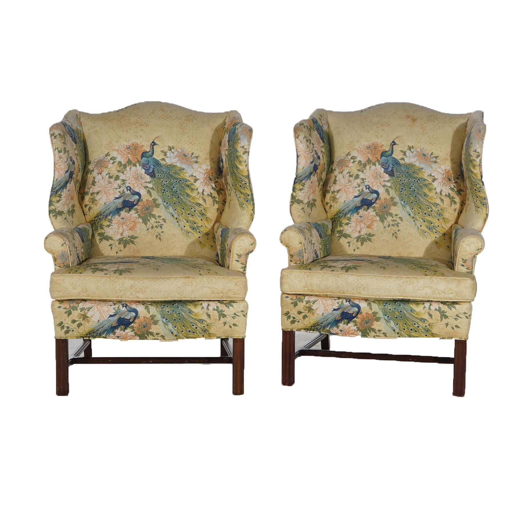 20th Century Pair of English Colonial Peacock & Floral Decorated Wing Back Chairs 20thC For Sale