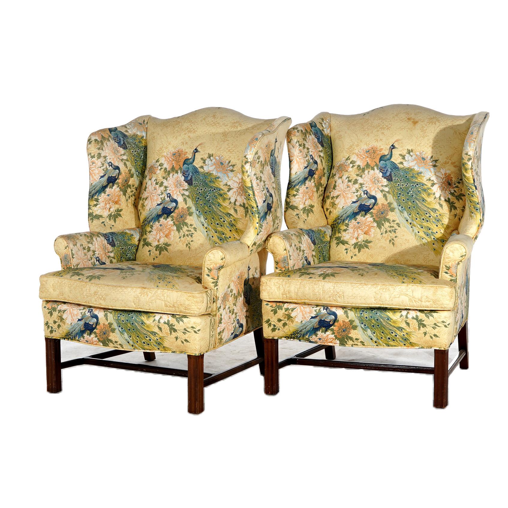 Upholstery Pair of English Colonial Peacock & Floral Decorated Wing Back Chairs 20thC For Sale