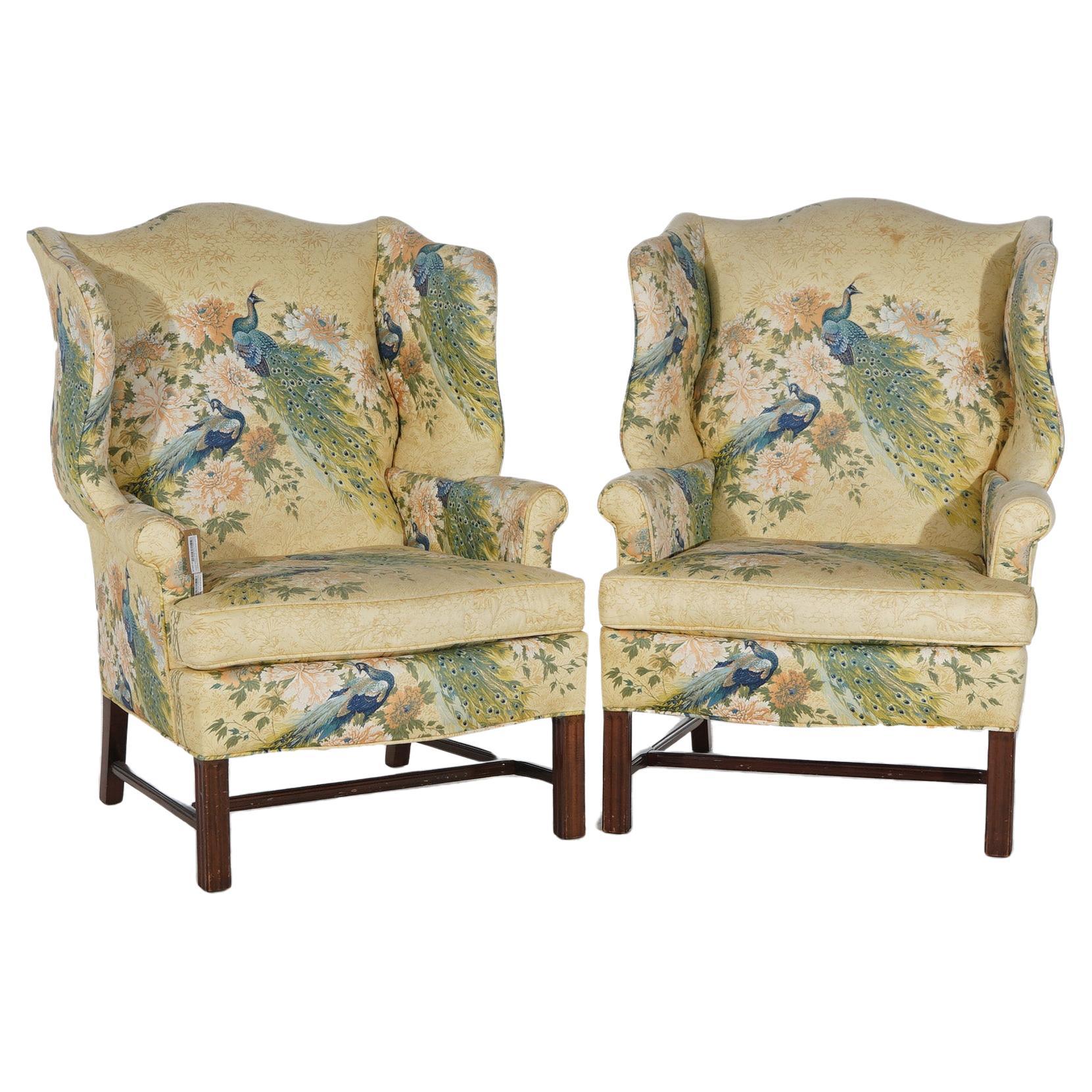 Pair of English Colonial Peacock & Floral Decorated Wing Back Chairs 20thC