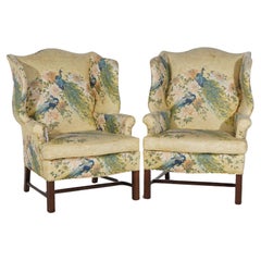 Pair of English Colonial Peacock & Floral Decorated Wing Back Chairs 20thC