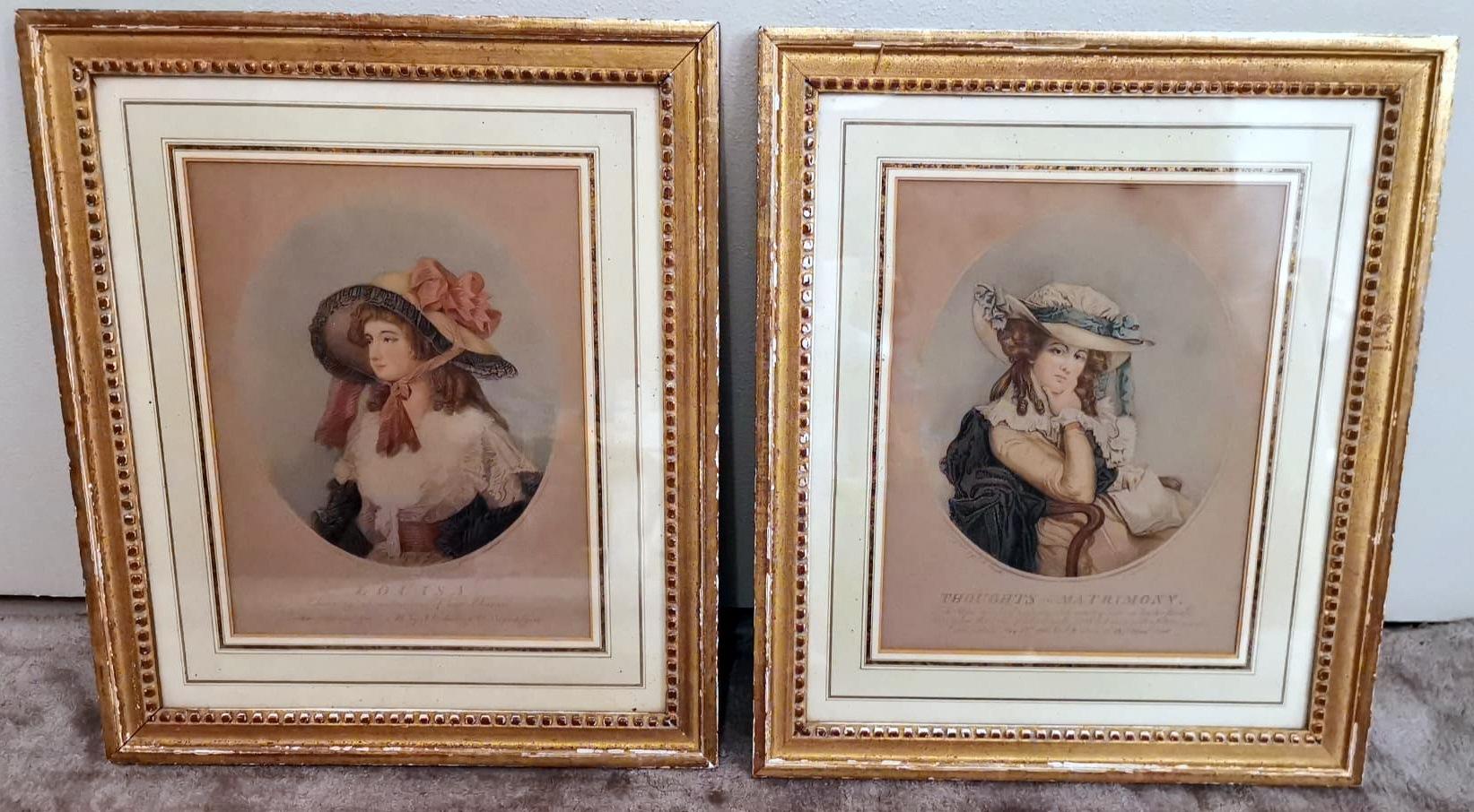 Neoclassical Pair of English Color Prints with Golden Frames For Sale
