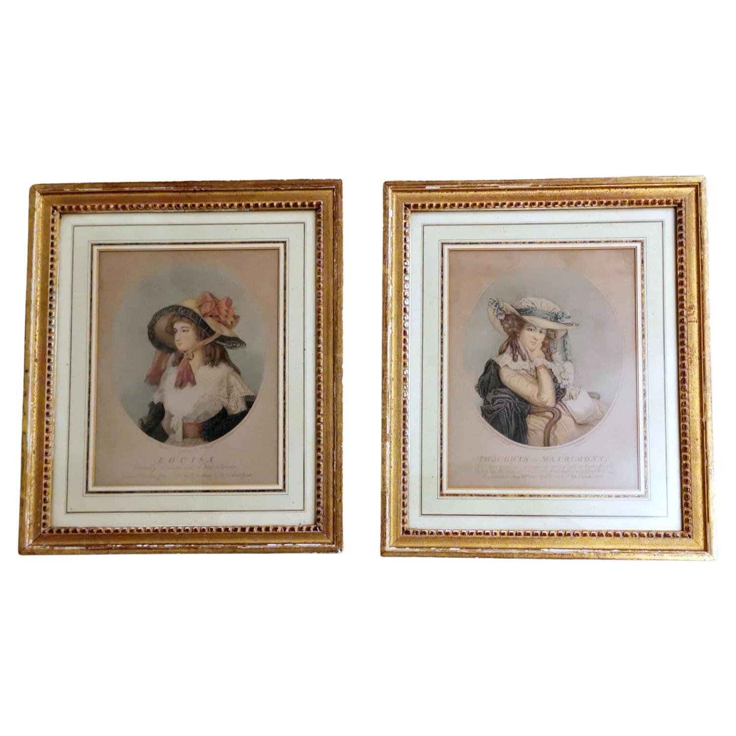 Pair of English Color Prints with Golden Frames For Sale