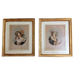 Antique Pair of English Color Prints with Golden Frames