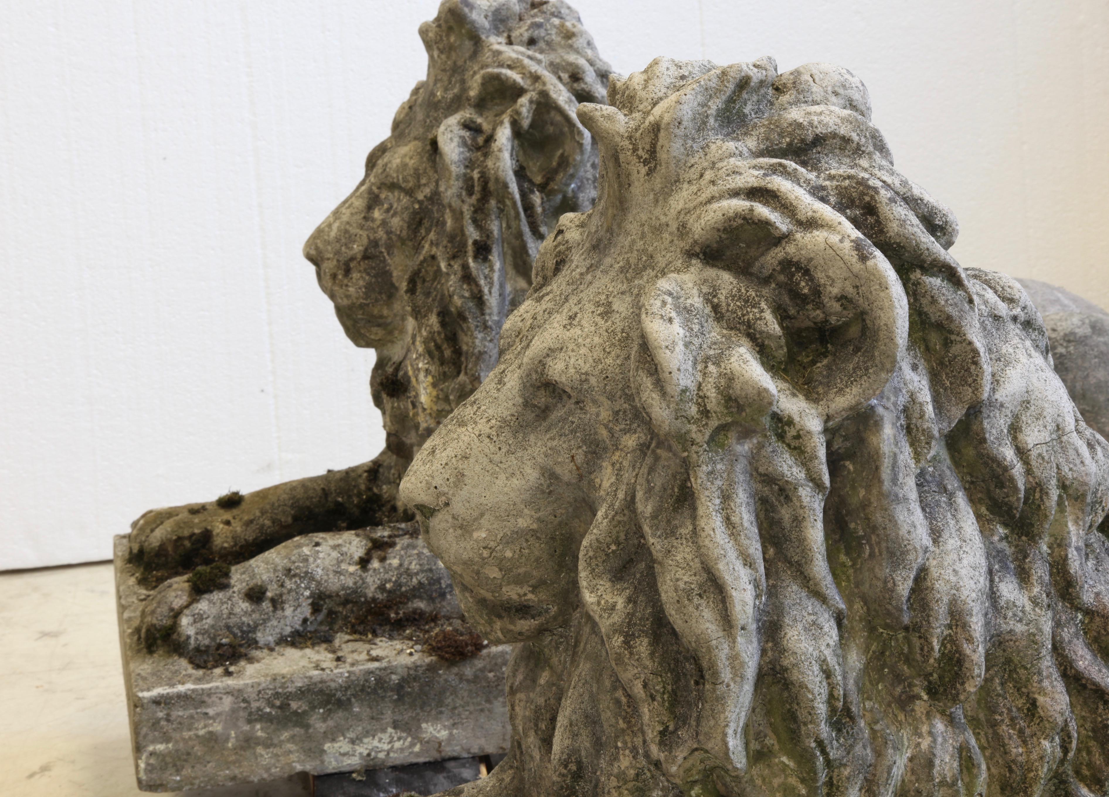 Cast Pair of English Composite Stone Lions, circa 1930s