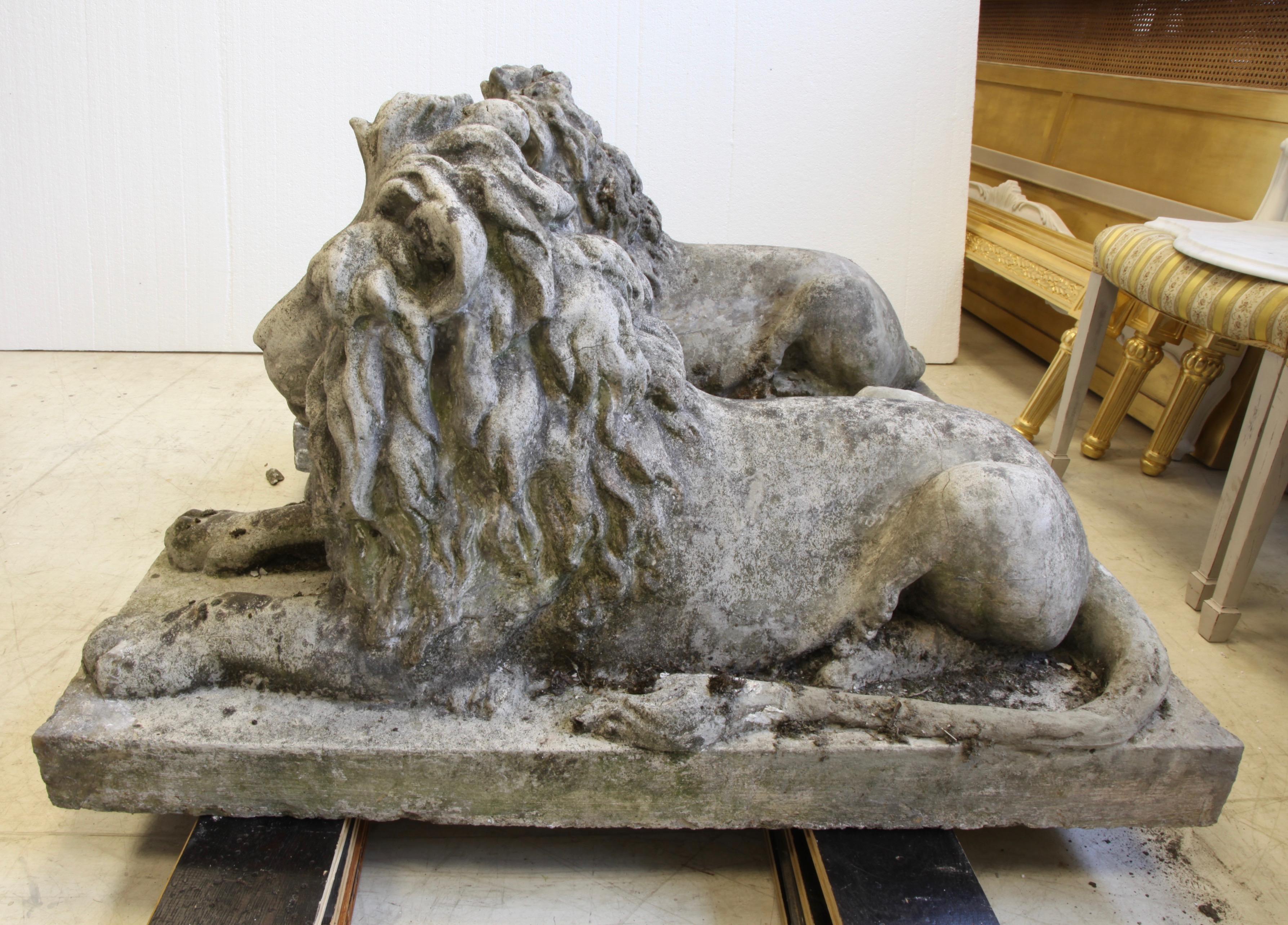 Composition Pair of English Composite Stone Lions, circa 1930s