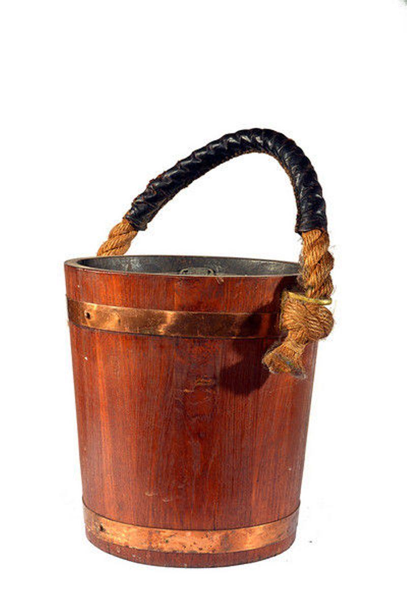 20th Century Pair of English Copper Strapped Oak Fire Buckets For Sale