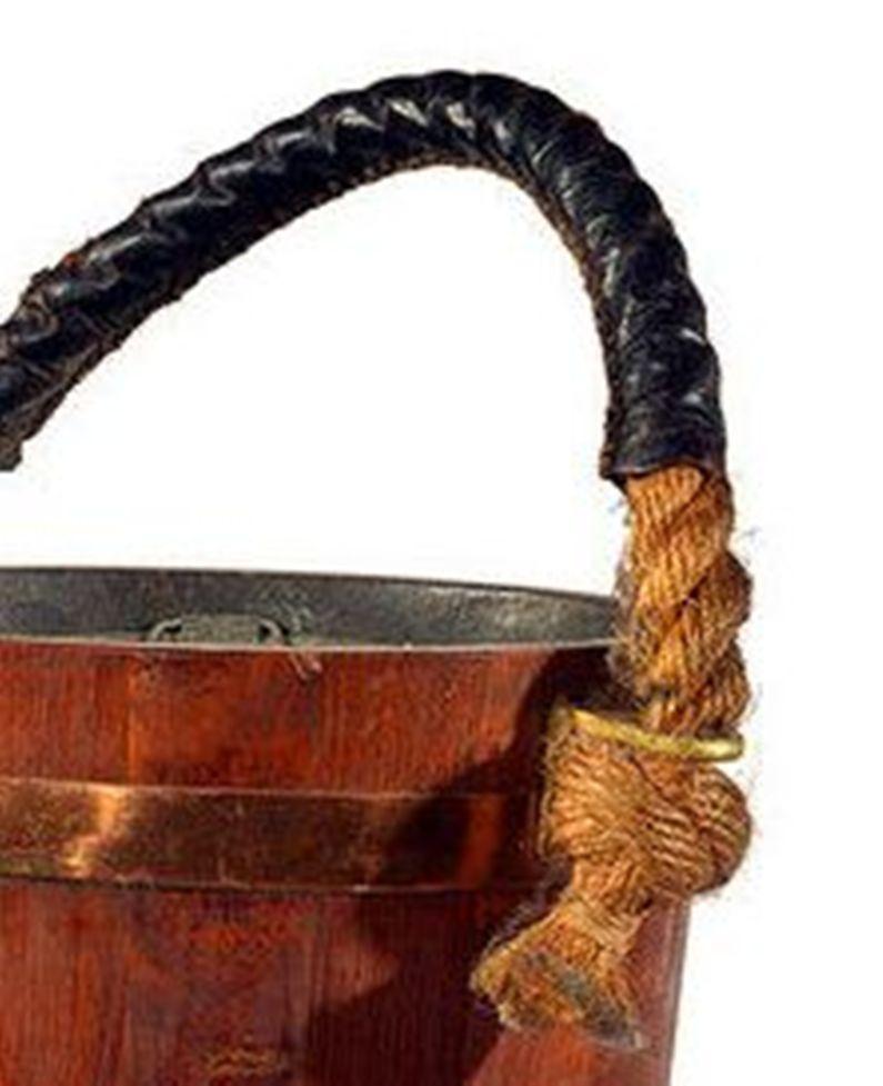 Pair of English Copper Strapped Oak Fire Buckets For Sale 1