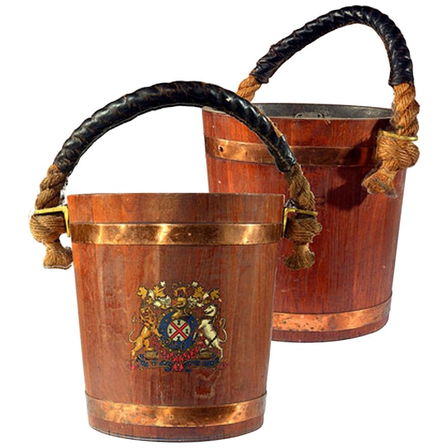 Pair of English Copper Strapped Oak Fire Buckets For Sale