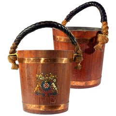 Vintage Pair of English Copper Strapped Oak Fire Buckets