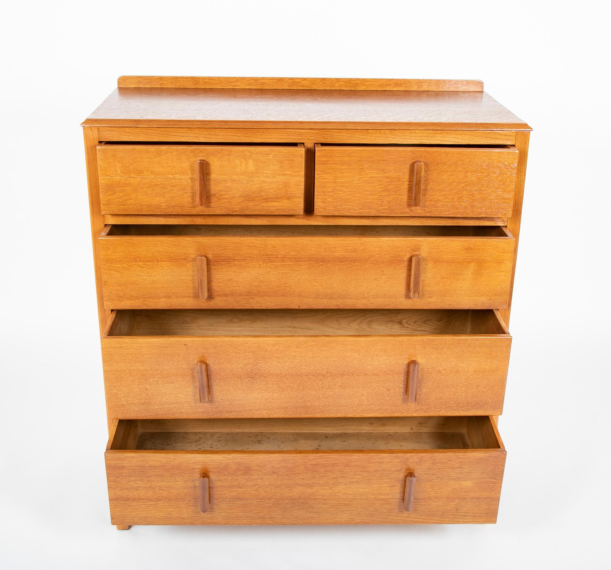 Pair of English Cotswold School Limed Oak Five Drawer Chests In Good Condition In Stamford, CT