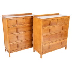 Pair of English Cotswold School Limed Oak Five Drawer Chests