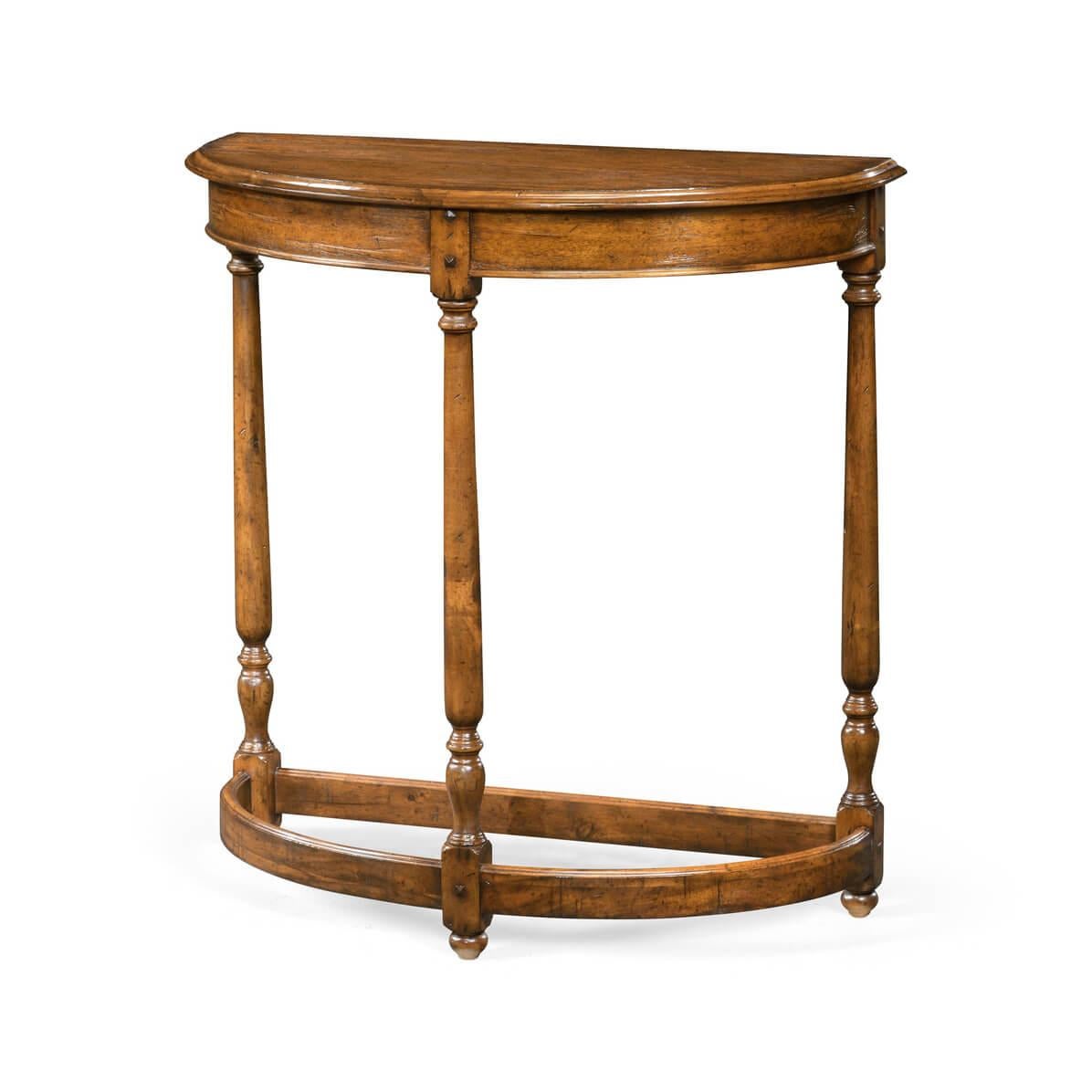 Walnut Pair of English Country Demilune Console Tables For Sale