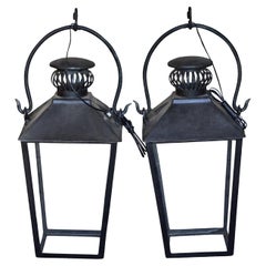 Pair of English Country House Iron Lanterns with Glass Panels, Unwired